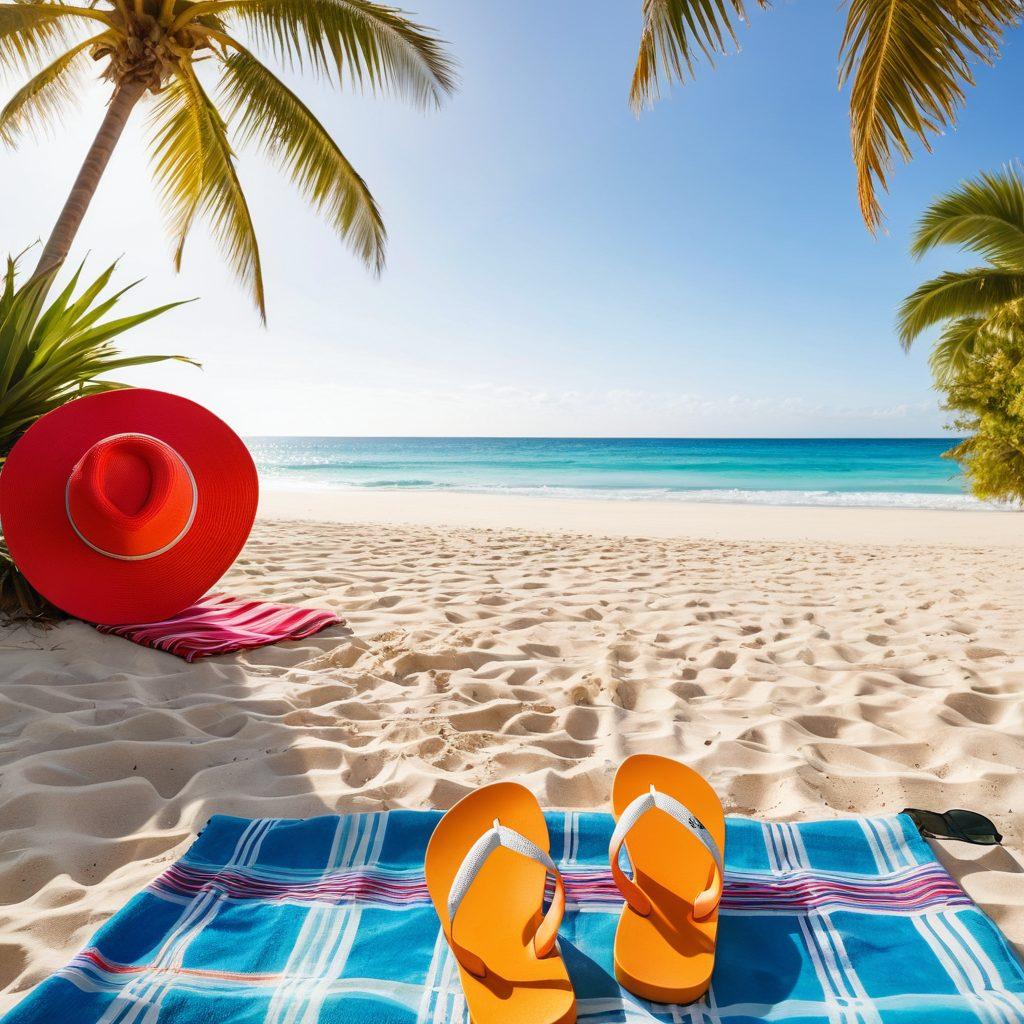 A vibrant beach scene showcasing a variety of stylish summer accessories like sunglasses, wide-brimmed hats, and colorful beach towels scattered on a sunlit sand. A pair of flip-flops and a tropical drink with a little umbrella add to the atmosphere. Include palm trees and the ocean in the background to evoke a vacation vibe. super-realistic. vibrant colors. white background.