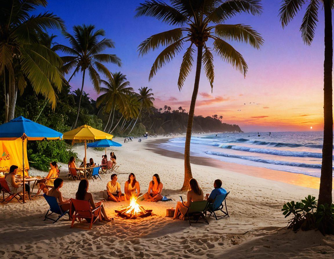 A lively beach scene filled with colorful beach parties, friends gathering around bonfires, and people networking under swaying palm trees. Include vibrant beach umbrellas, surfboards, and acoustic guitars to enhance the outdoor lifestyle vibe. Capture the essence of fun, connection, and relaxation in a sunny atmosphere. super-realistic. vibrant colors. 3D.